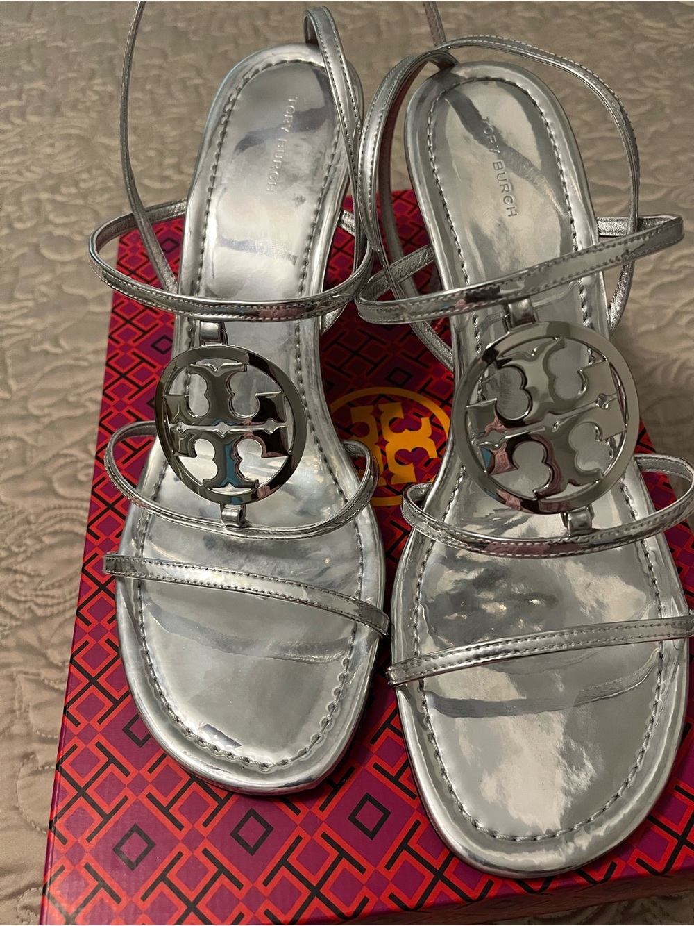Tory Burch Metallic Silver Logo Strappy Sandals